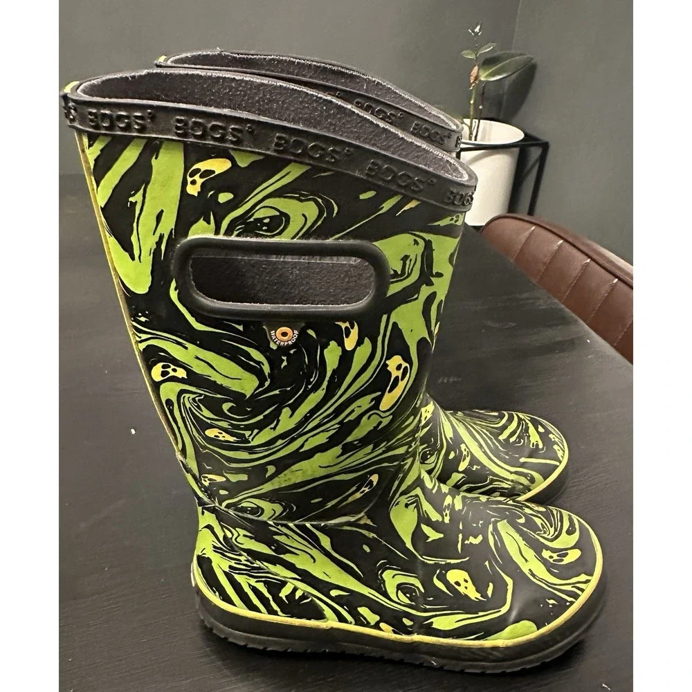 Bogs Rain Boots Youth Unisex 3 Neo Classic Spooky Yellow Green Waterproof Rubber